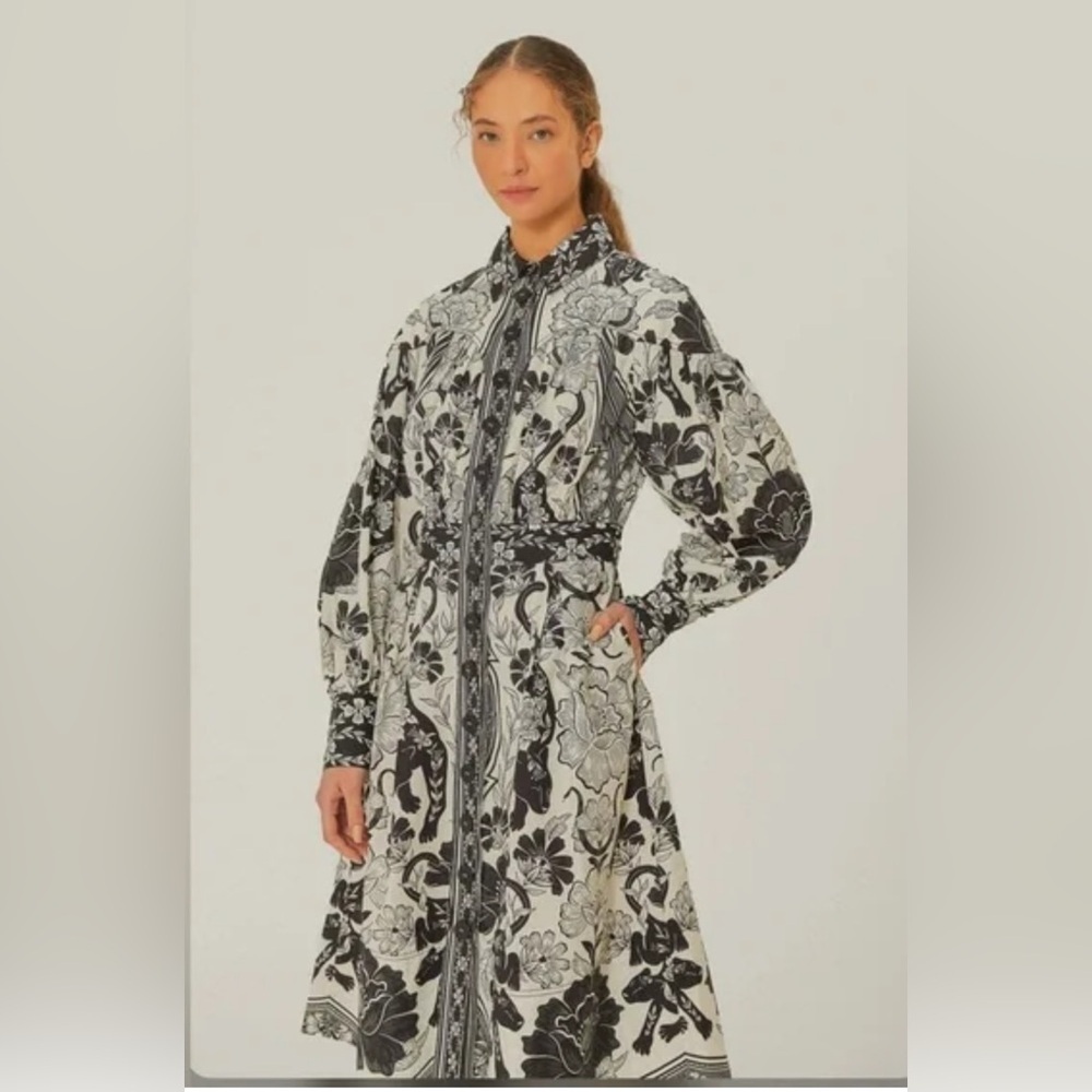 Farm Rio Off-White Flower Leopards Collared Midi Dress